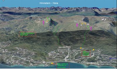 Oversiktsbilde over Heia med starter og landing tegnet inn