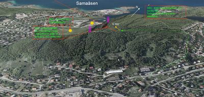 Oversiktsbilde over Samaåsen med starter og landing tegnet inn