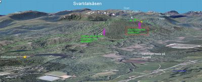 Oversiktsbilde over Svartdalsåsen med starter og landing tegnet inn