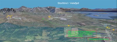 Oversiktsbilde over Vetefjellet med starter og landing tegnet inn